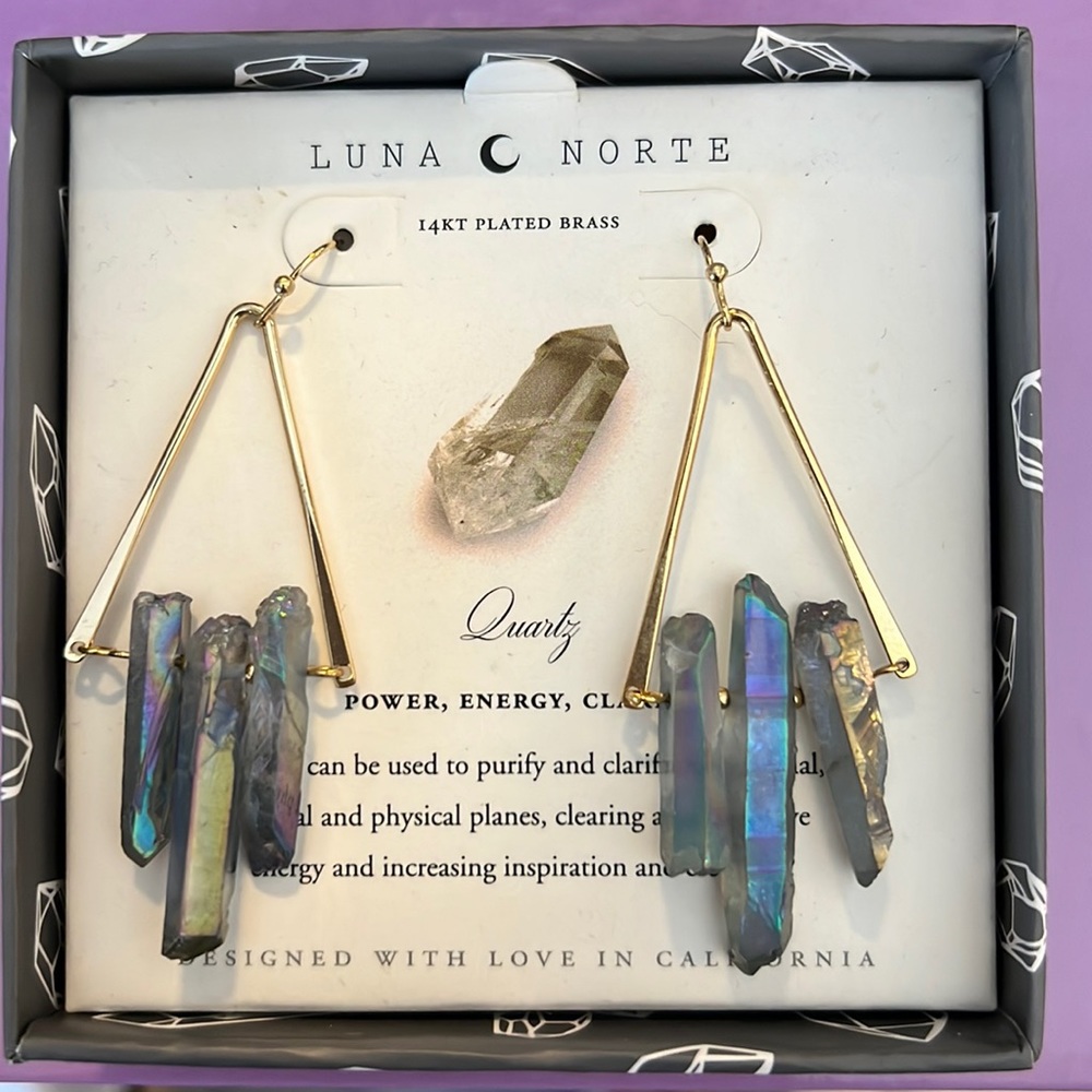 Beautiful 14kt gold plated iridescent quartz earrings.